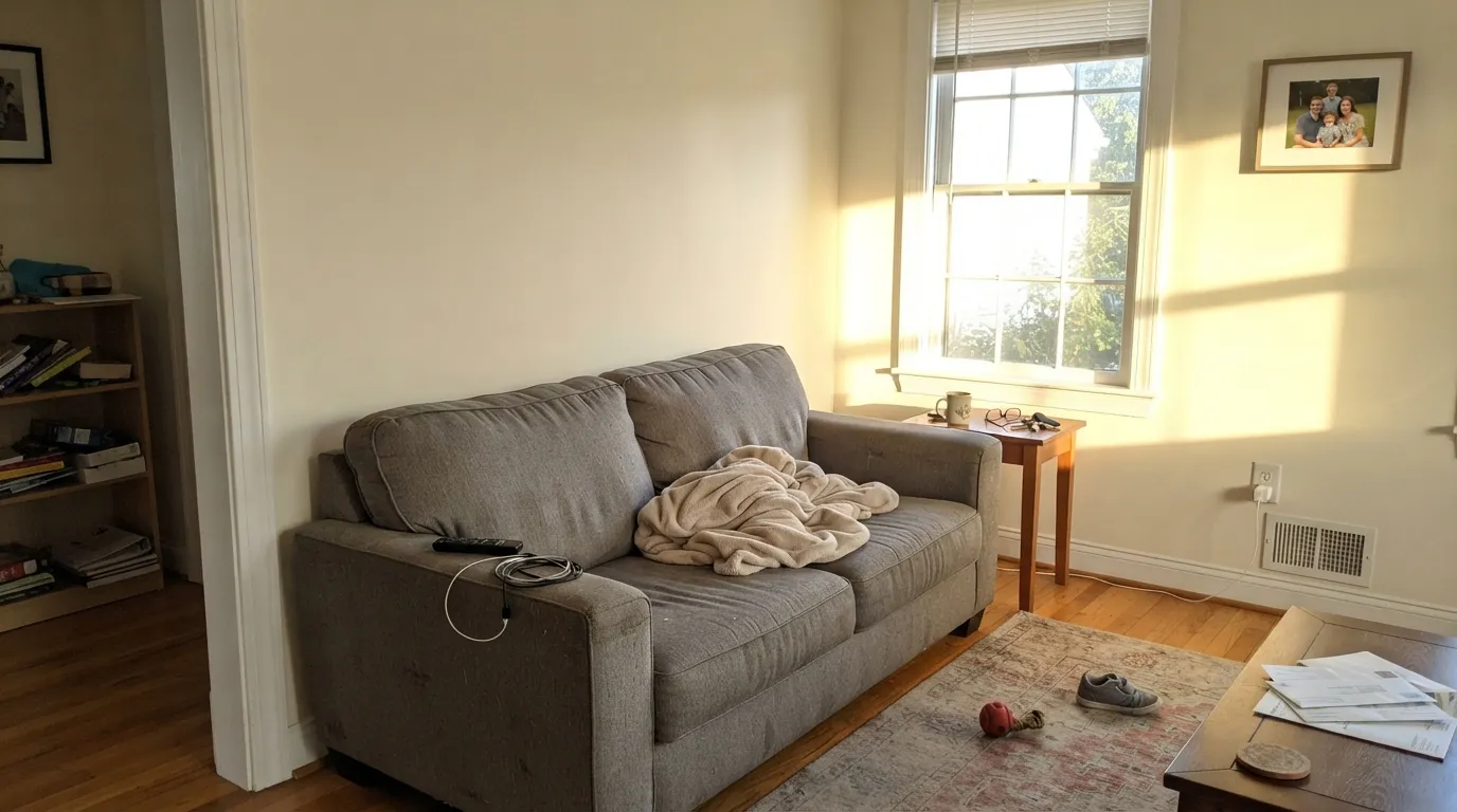The honest shot: late western sun turns Natural White cream-yellow — the same Simply White failure, in a Behr can.