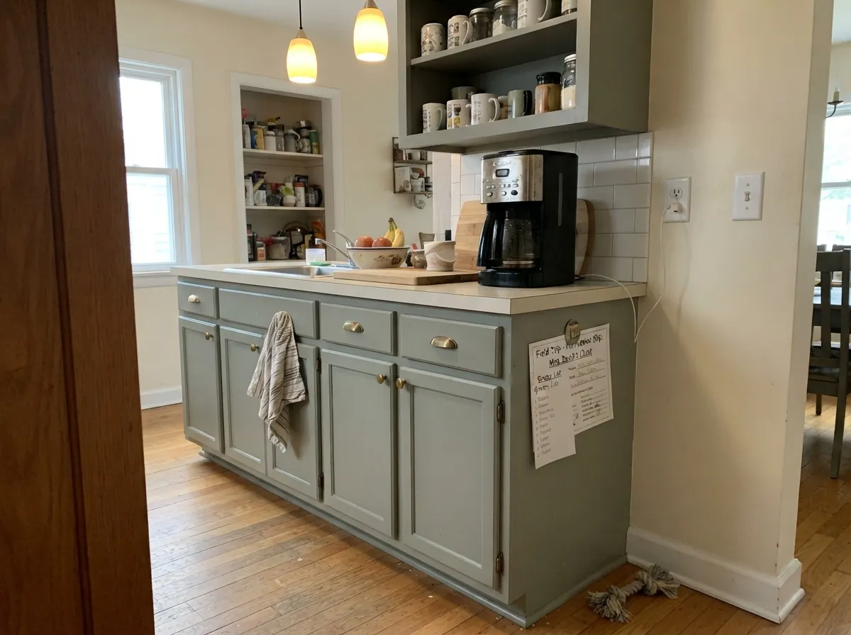 On cabinets at LRV 35 it reads as painted furniture — brass and warm bulbs keep the gray-sage from going olive-stone.