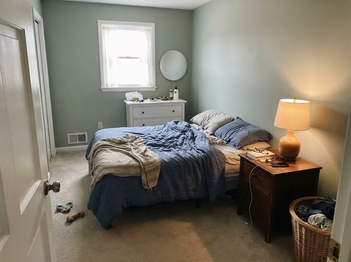 In a morning-lit bedroom the gray-sage stays restful — no mint, no khaki, just a quiet herb wall behind real sheets.