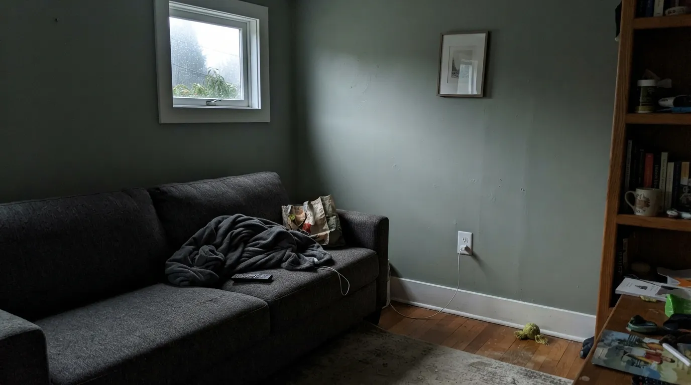 The honest shot: in a dim north room with no lamps, the herb drains out and Natures Gift goes drab gray-green — the exact miss that makes people think they painted gray.