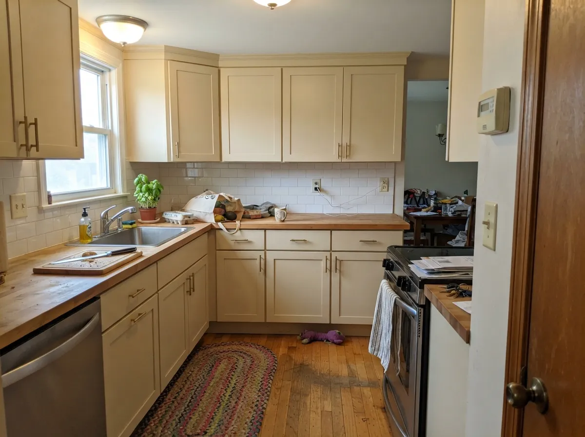 On cabinets it is the traditional cheap-good look — satin Navajo White with brass and butcher block, hiding knuckle marks a brighter white would broadcast.