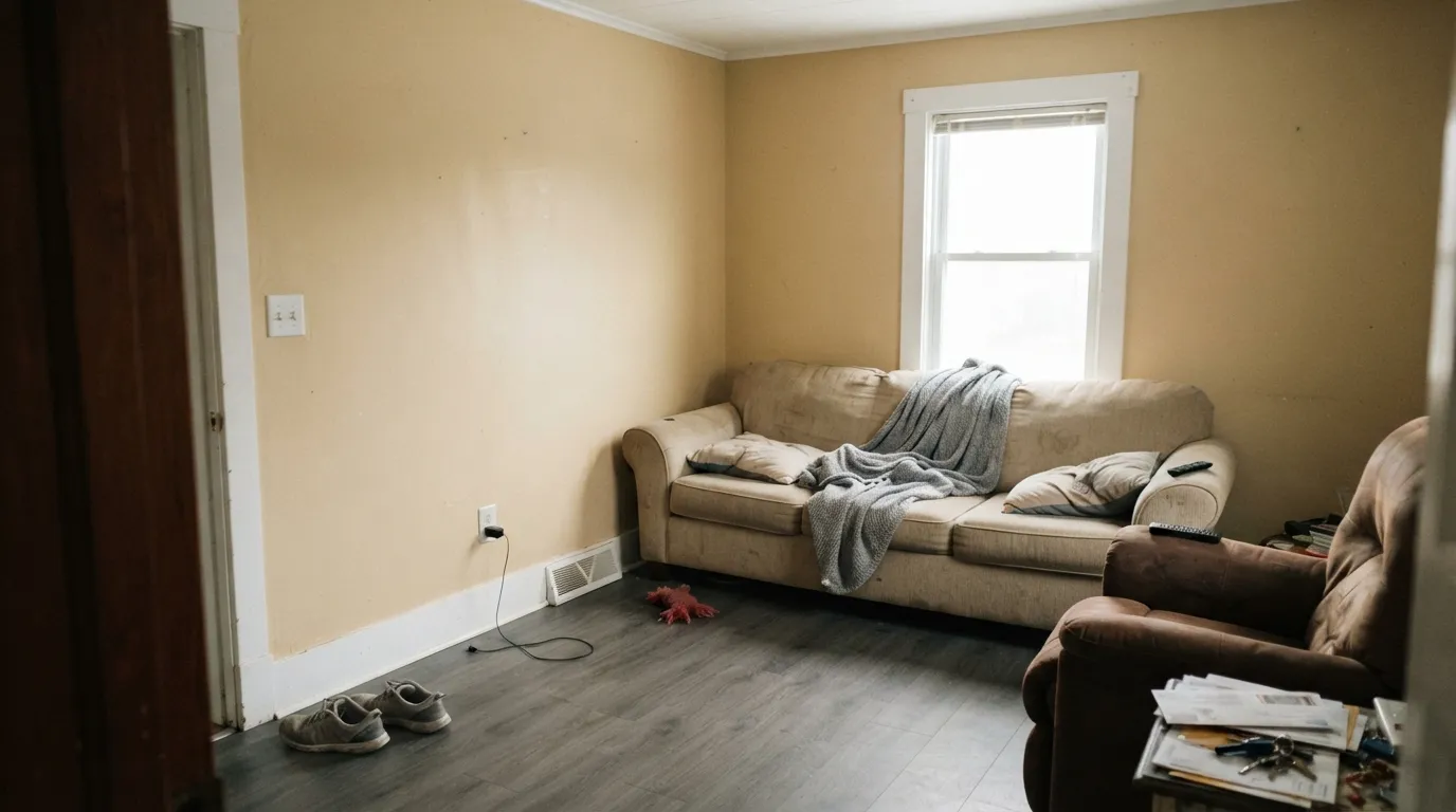 The honest shot: next to a brighter white, Behr Navajo White stops reading as cream and starts reading as dingy beige — the Oh-no-it-is-beiger-than-I-thought wall.