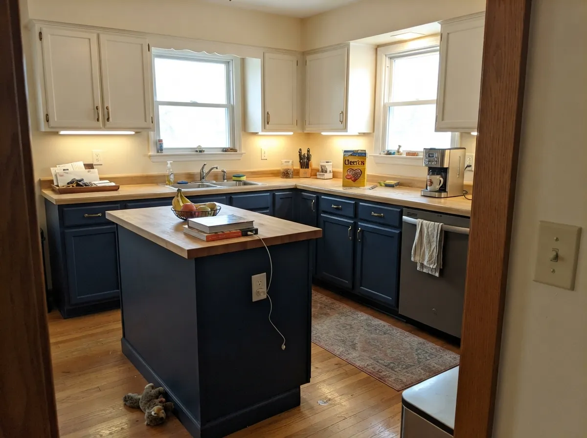 Navy on the bottom half only — light stays at eye level, and the dark goes where the kitchen takes its abuse.