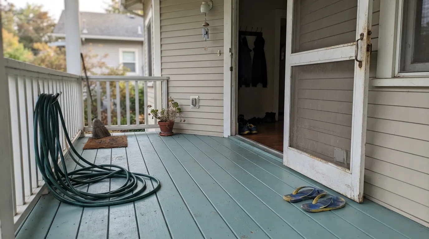 Newport Blue on a covered porch floor — the light and the job Behr actually built this color for.