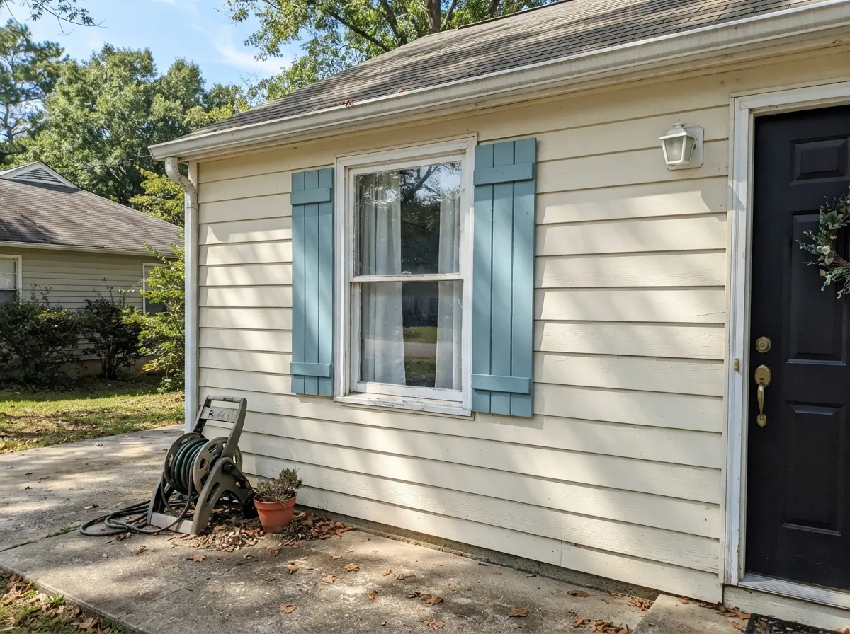 In full sun the teal reads clean and bright against a warm cream siding — its best-documented exterior pairing.