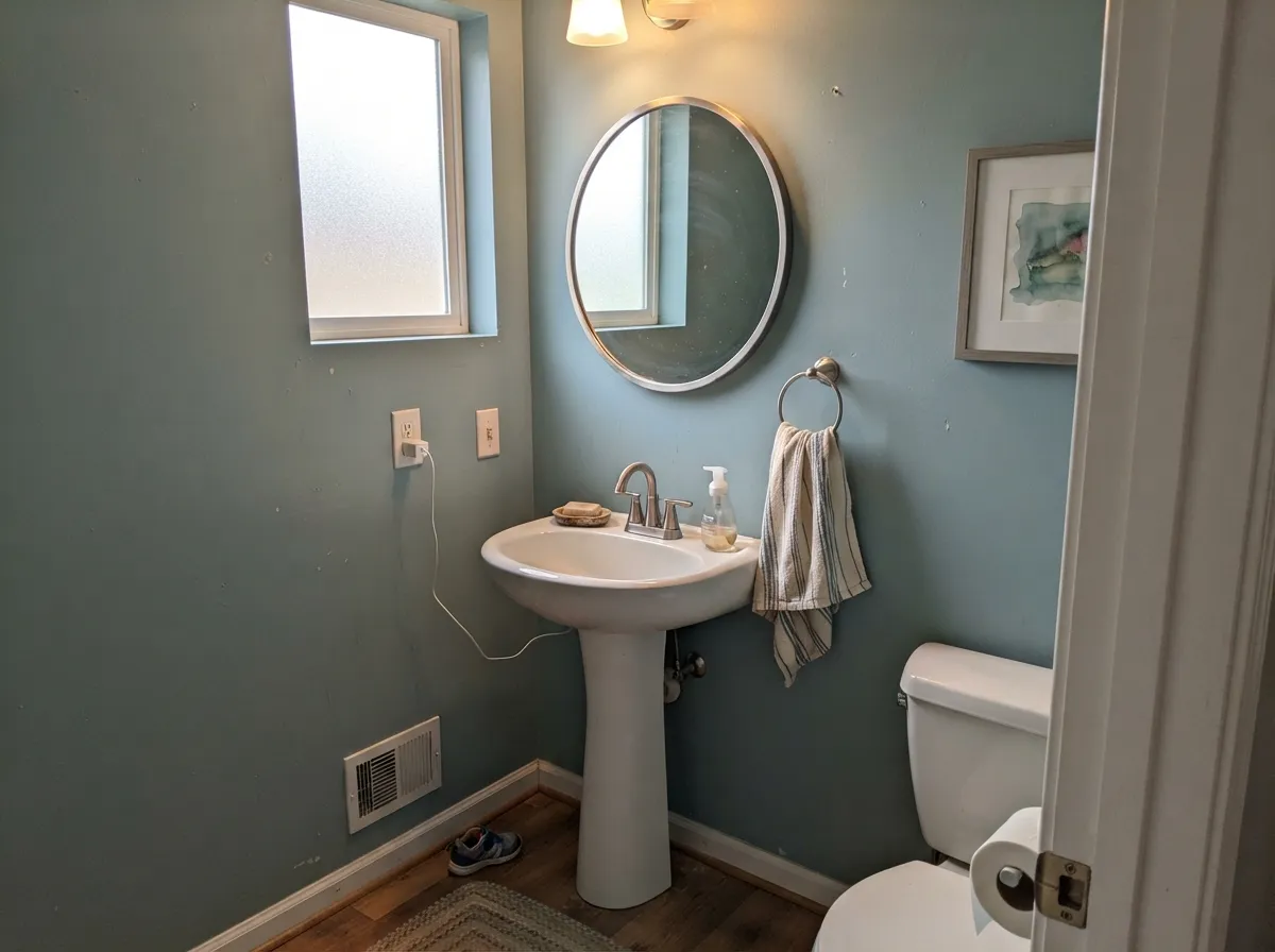 Confident in a small dose: a full powder room holds the saturated color without feeling cold.