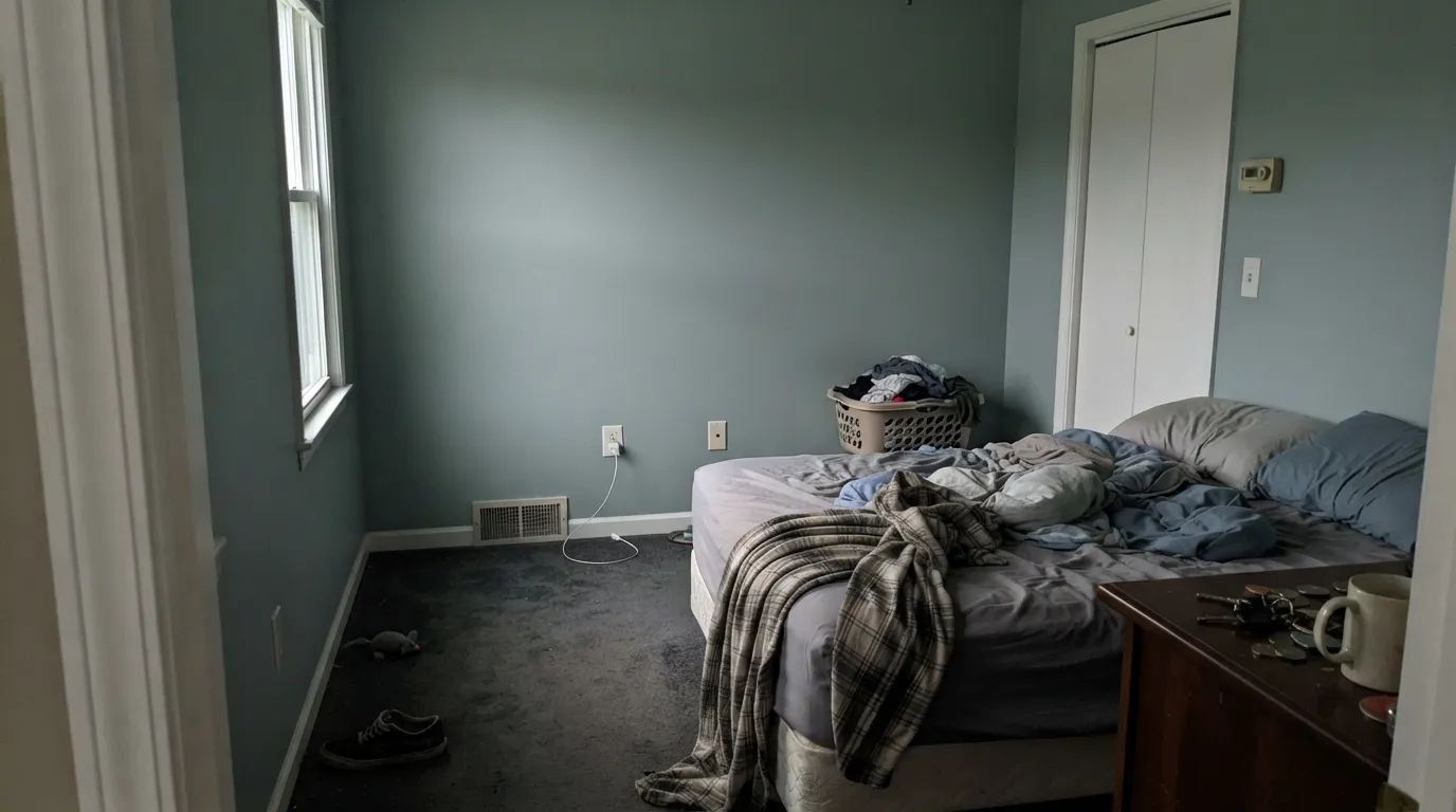 The honest shot: without real daylight, the teal sinks into a flat, muddy grey-green — the situation behind most disappointed reviews of this color indoors.