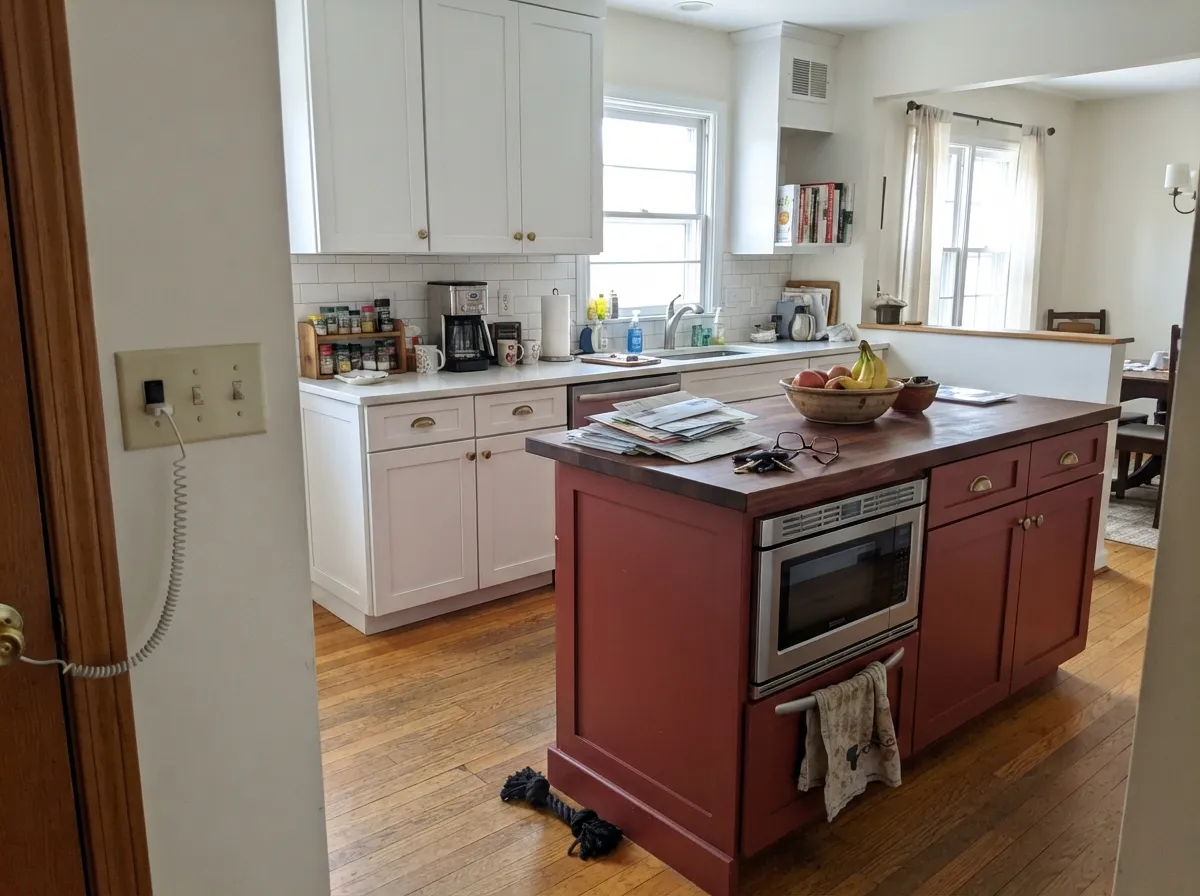 As an island against white perimeter cabinets and brass hardware, it reads custom and warm — its best interior job.