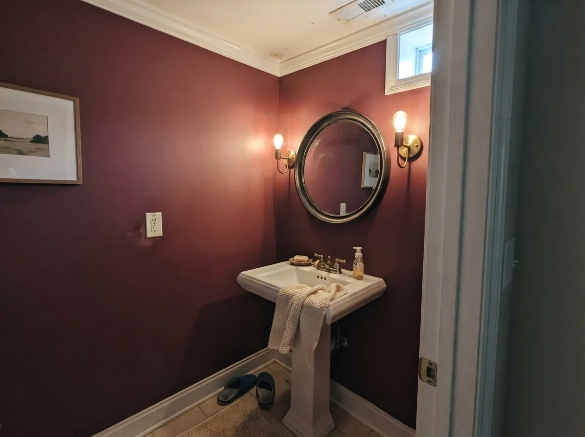 In a small powder room with warm sconce light and white trim, the depth feels like a jewel box, not a cave.
