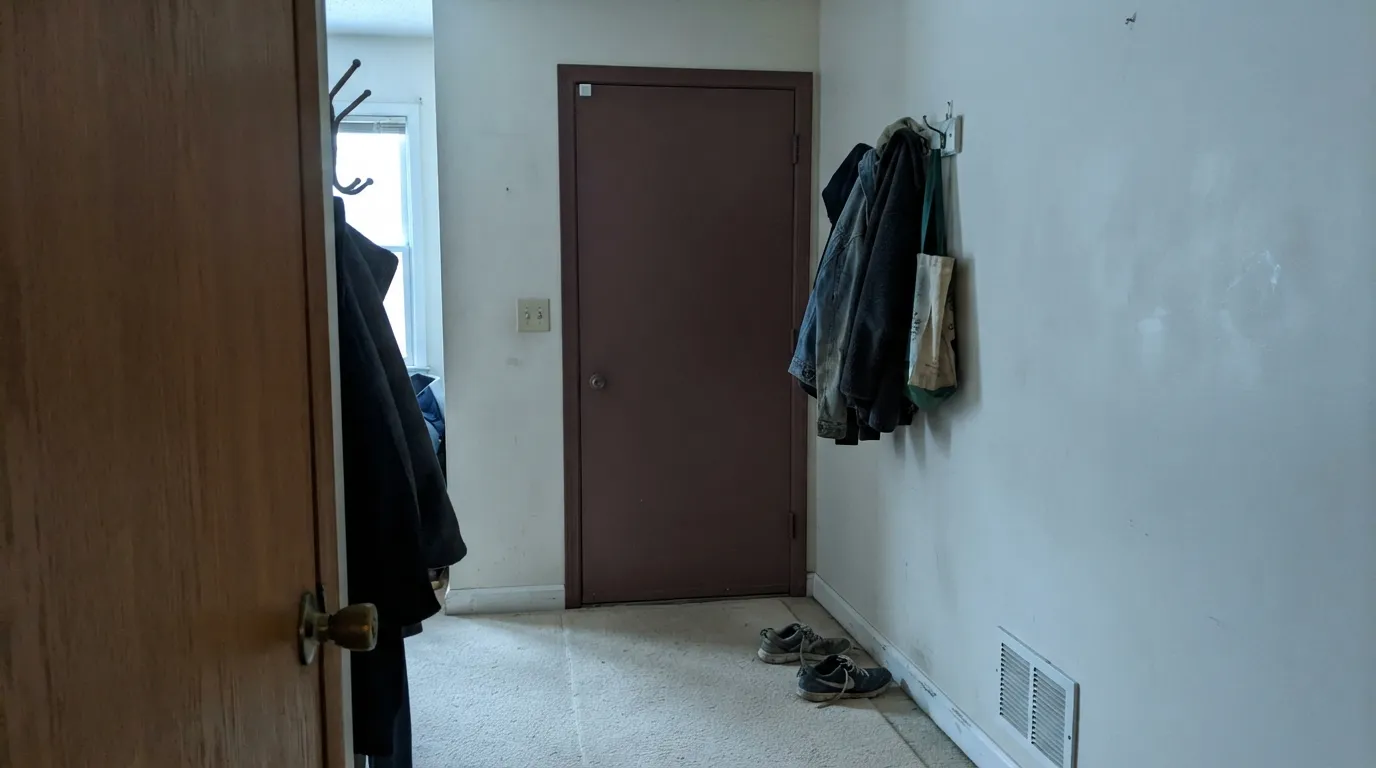 The honest shot: under flat, cool hallway light with no daylight reaching it, the red disappears and the brown undertone takes over completely.