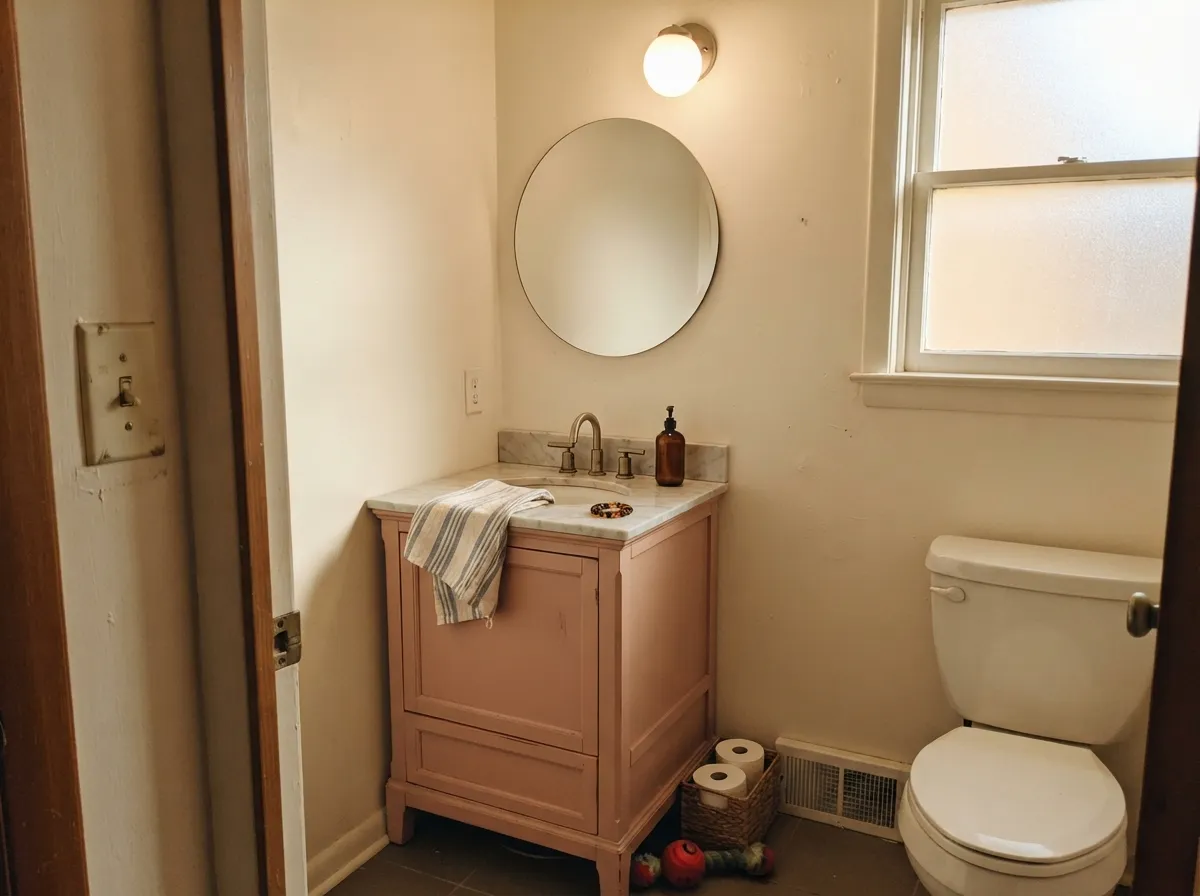 The designer move: a Noble Blush vanity under warm cream walls — enough color to feel custom, small enough to repaint in a weekend.