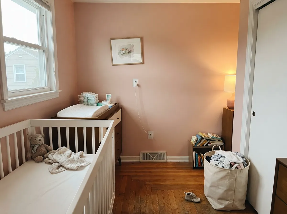 In a nursery the grey undertone keeps it from reading as a theme pink — the reason it can grow up with the kid instead of getting repainted at five.