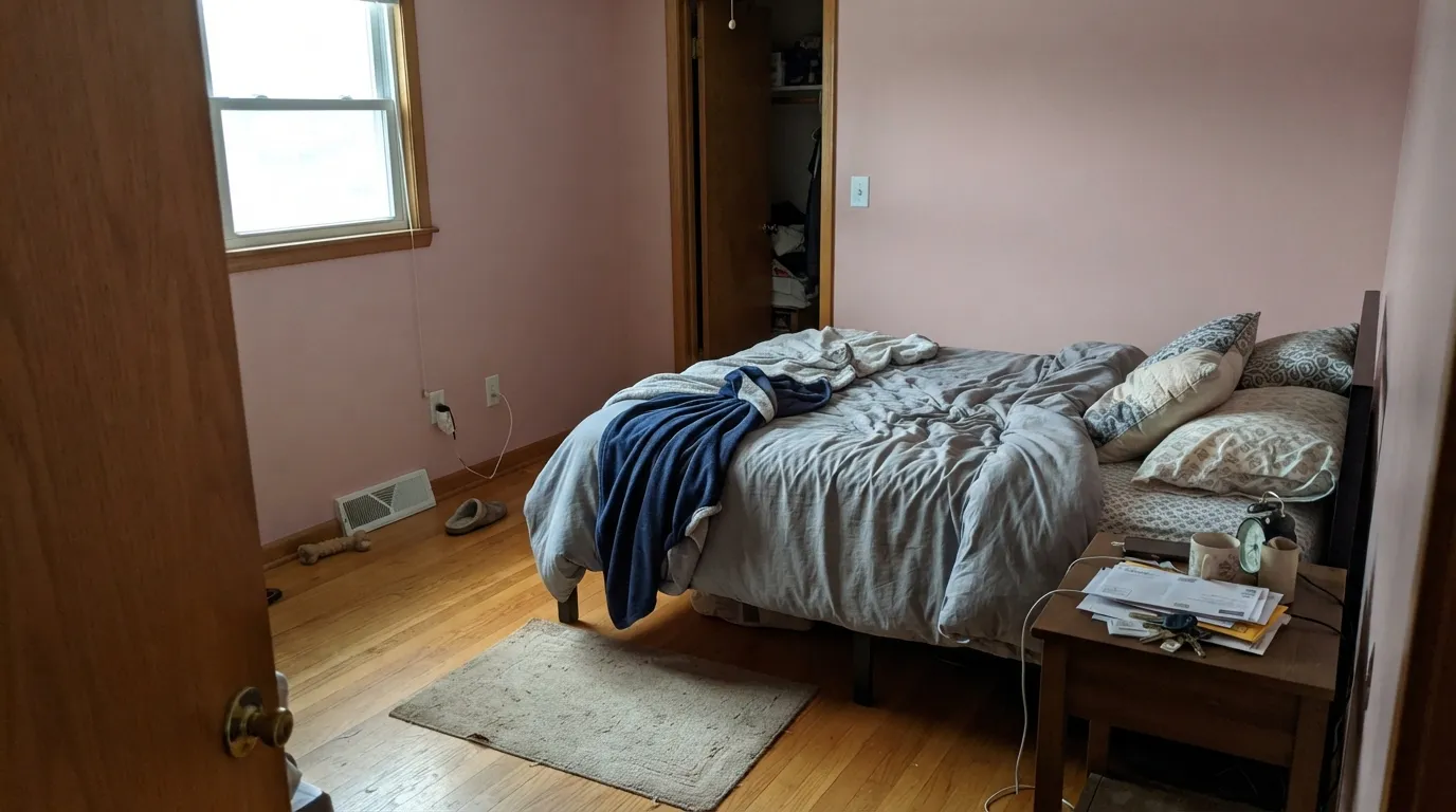 The honest shot: cool north light over honey oak floors. The warmth drains out, the color turns a flat chalky mauve, and the wall blurs into the floor instead of contrasting with it.