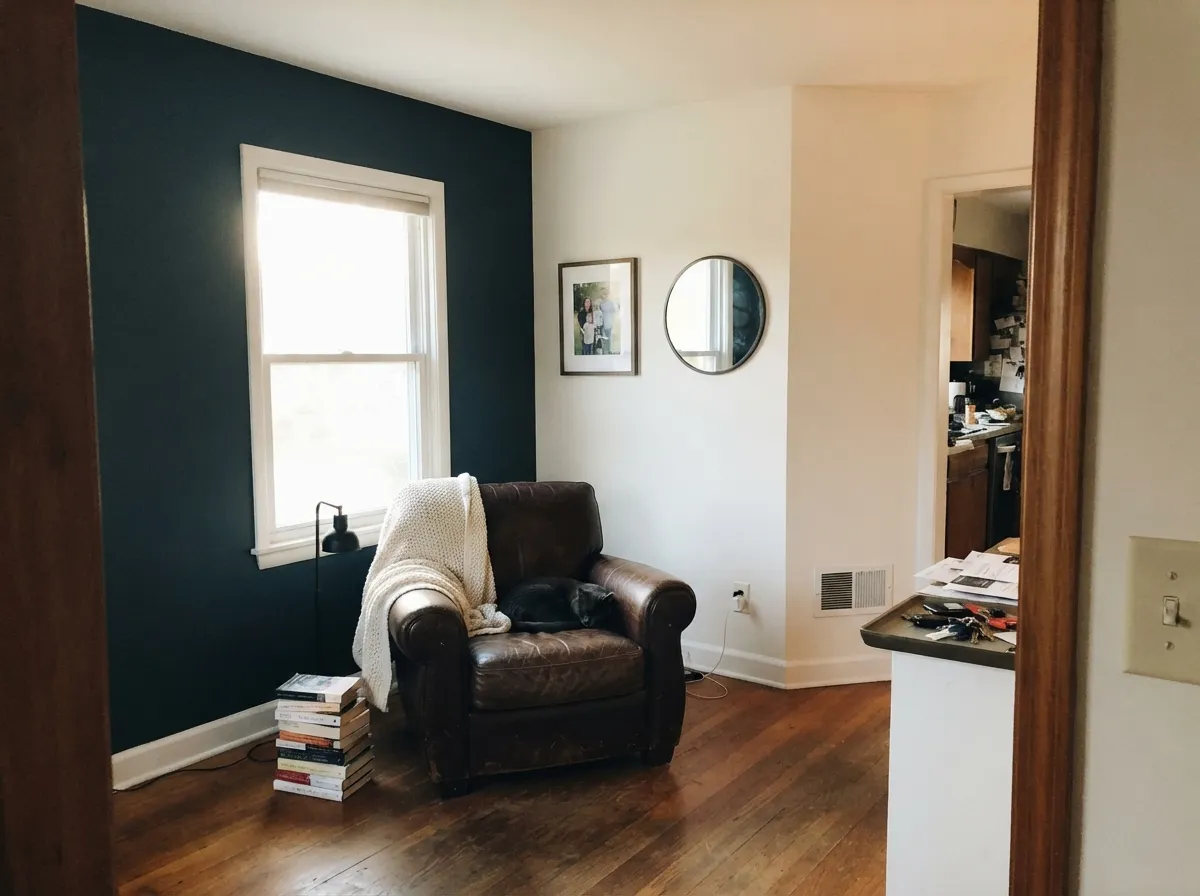 One sunlit accent wall, three walls of warm white around it — the daylight side shows real blue-green, the shaded corners already start sliding toward black.