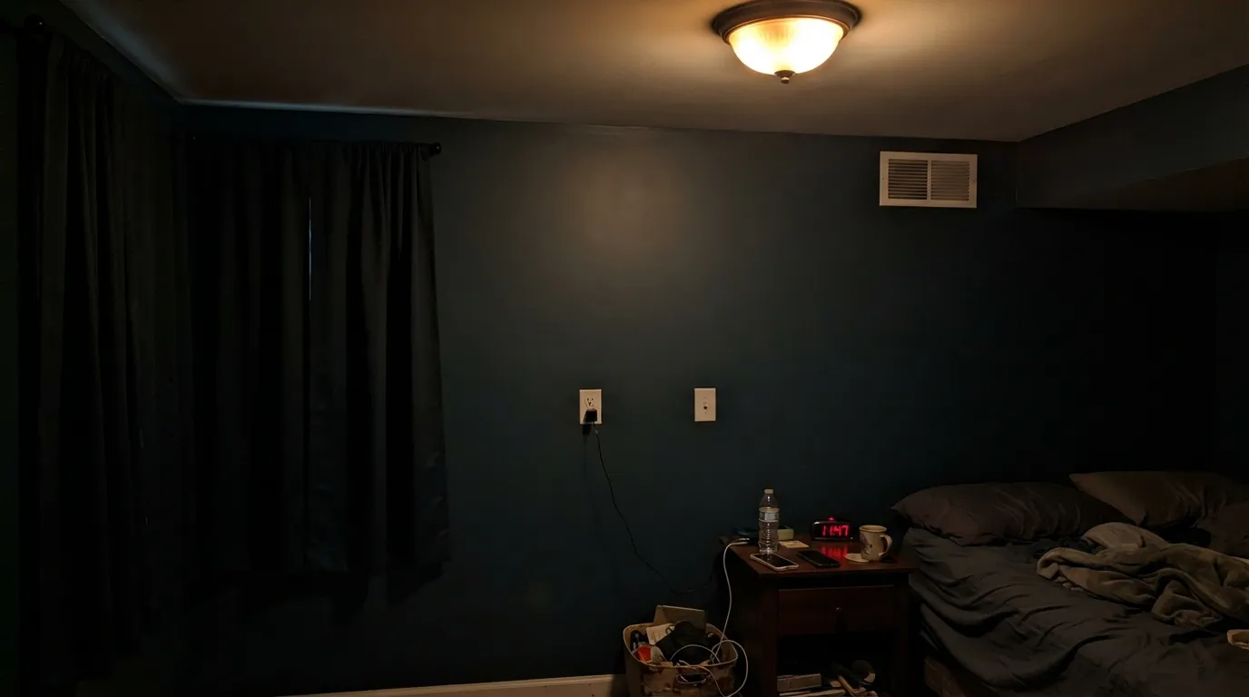 The honest shot: no direct light source, lamps off — the same paint reads as plain black, not blue. This is the exact situation behind every disappointed review of a color this dark.