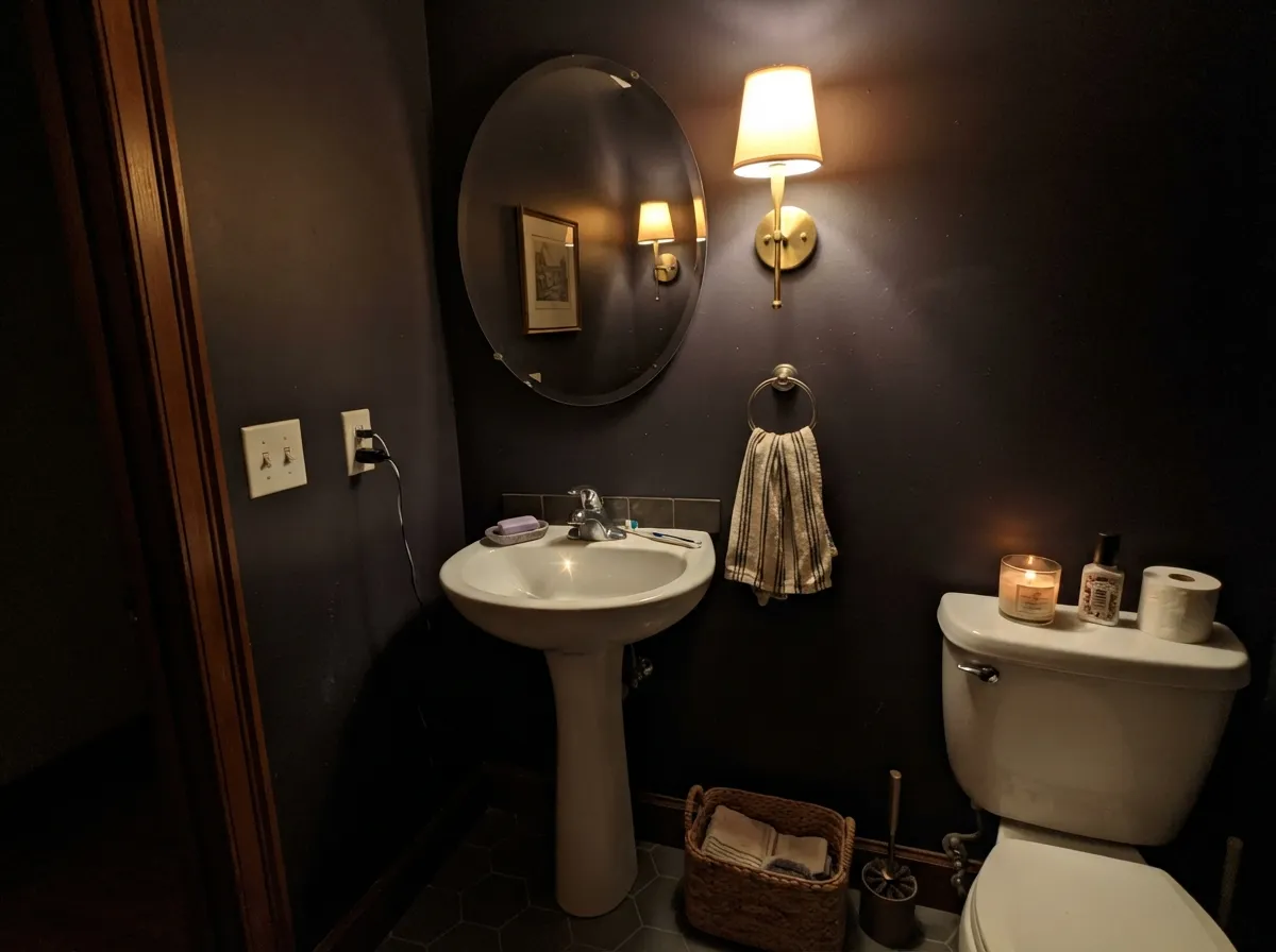 One warm sconce is doing all the work here — under it the walls read rich near-black plum instead of flat black.