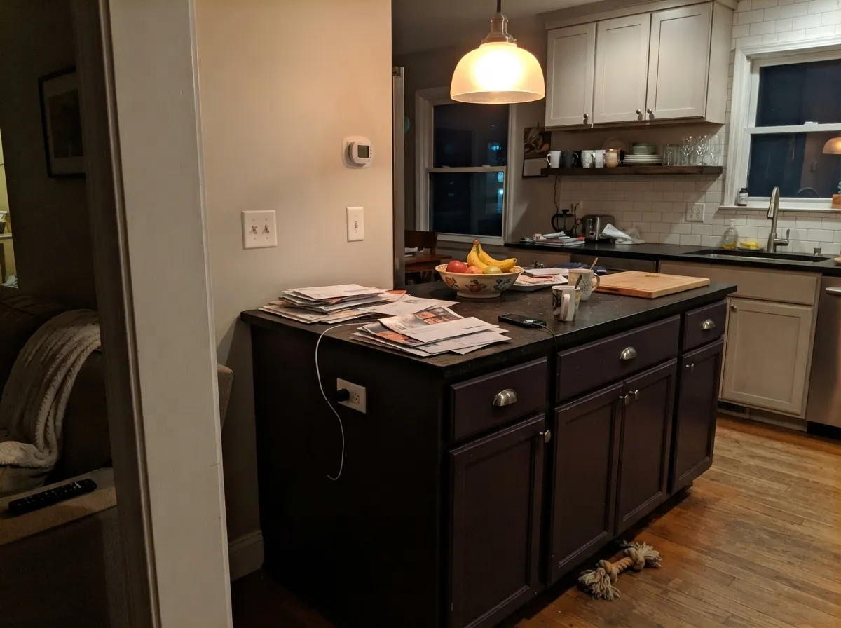 On an island under warm pendant light it reads as a deliberate near-black, not the same charcoal as the neighbor's kitchen.