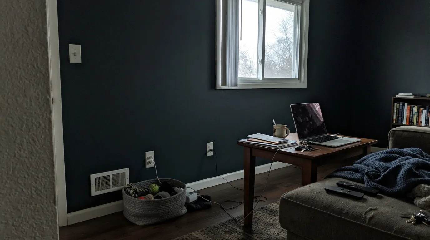 The honest shot: overcast north light with no warm lamp, and the plum secret disappears completely — this is plain black, not a mistake, just the wrong light for what you wanted.