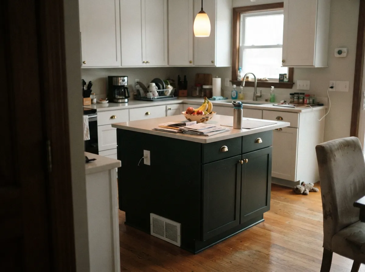 On an island under real daylight it reads as a confident forest green, not a black hole in the kitchen.