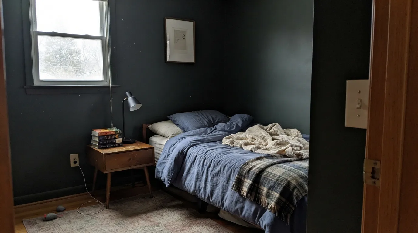 The honest shot: without real daylight, North Woods on four walls goes flat black — the job it wasn't really built for.