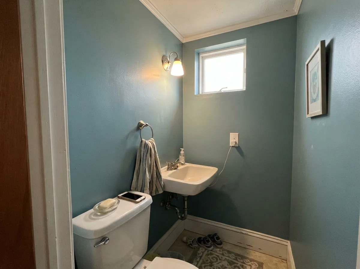 Small rooms take LRV 24 well — four walls of Norwegian Blue go velvety slate-teal under a warm sconce, not cave-like, if the ceiling stays bright white.