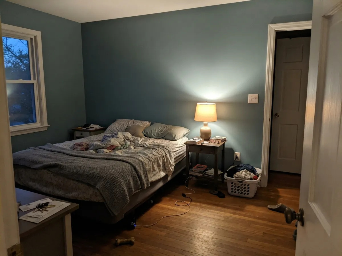 In a lamplit bedroom it does the dusk job — dusty teal by day, velvet slate at night. This is the four-wall version that works, because the room is small and the bulbs are warm.
