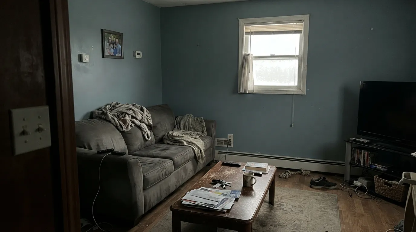 The honest shot: cool north light with no lamps strips the dusty teal and leaves a flat, slightly dirty slate — the dim-room version designers warn you not to roll on four walls.