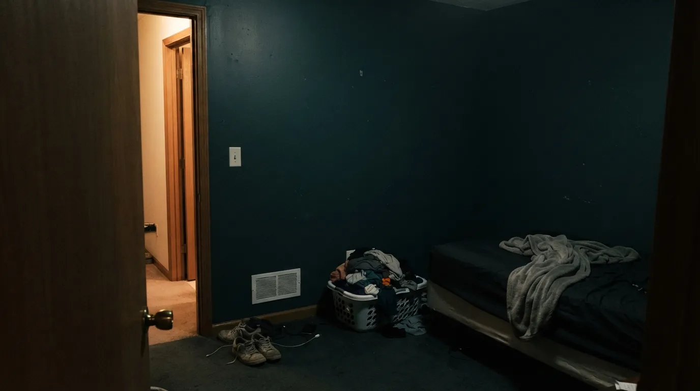The honest shot: four walls, no window, no lamps — Ocean Abyss goes flat black and the teal disappears. This is exactly the room Behr's own guidance says to avoid.