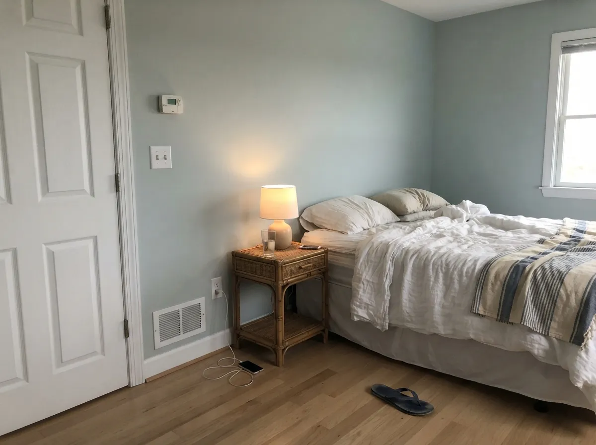 In a morning-lit bedroom it stays grayed coastal — water, not a theme, not a pool.