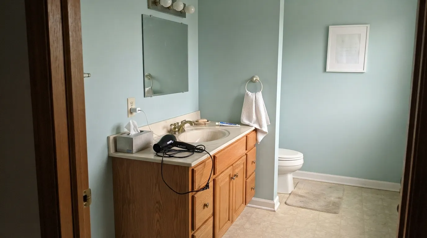 The honest shot: honey oak and cream trim shove the aqua toward pool water — the pairing the one-star stories are made of.