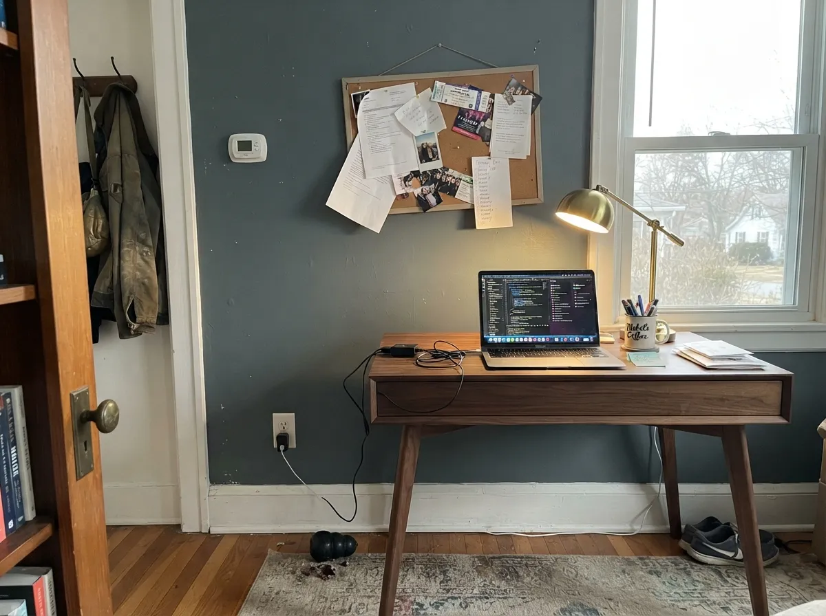 With walnut and brass in real daylight it reads calm and focused, not gloomy.