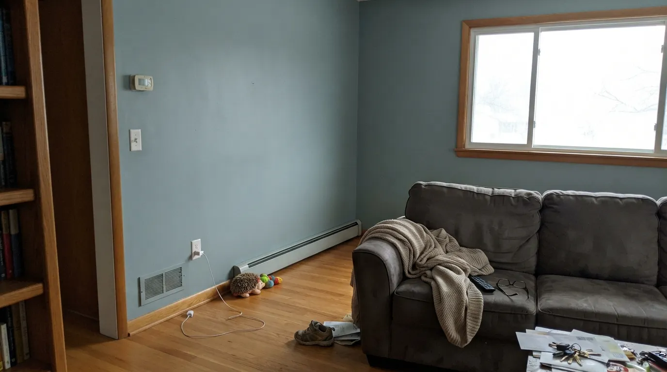 The honest shot: honey oak floors push the wall grayer and the floor more orange — both sides lose, and this is the color's most predictable clash.