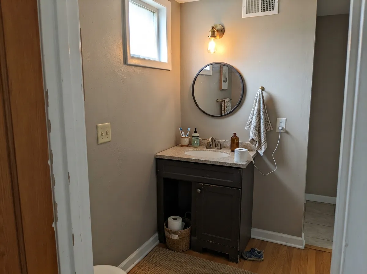 The designer move: a small, contained room stays lit enough by one fixture to keep the warmth in the color visible.