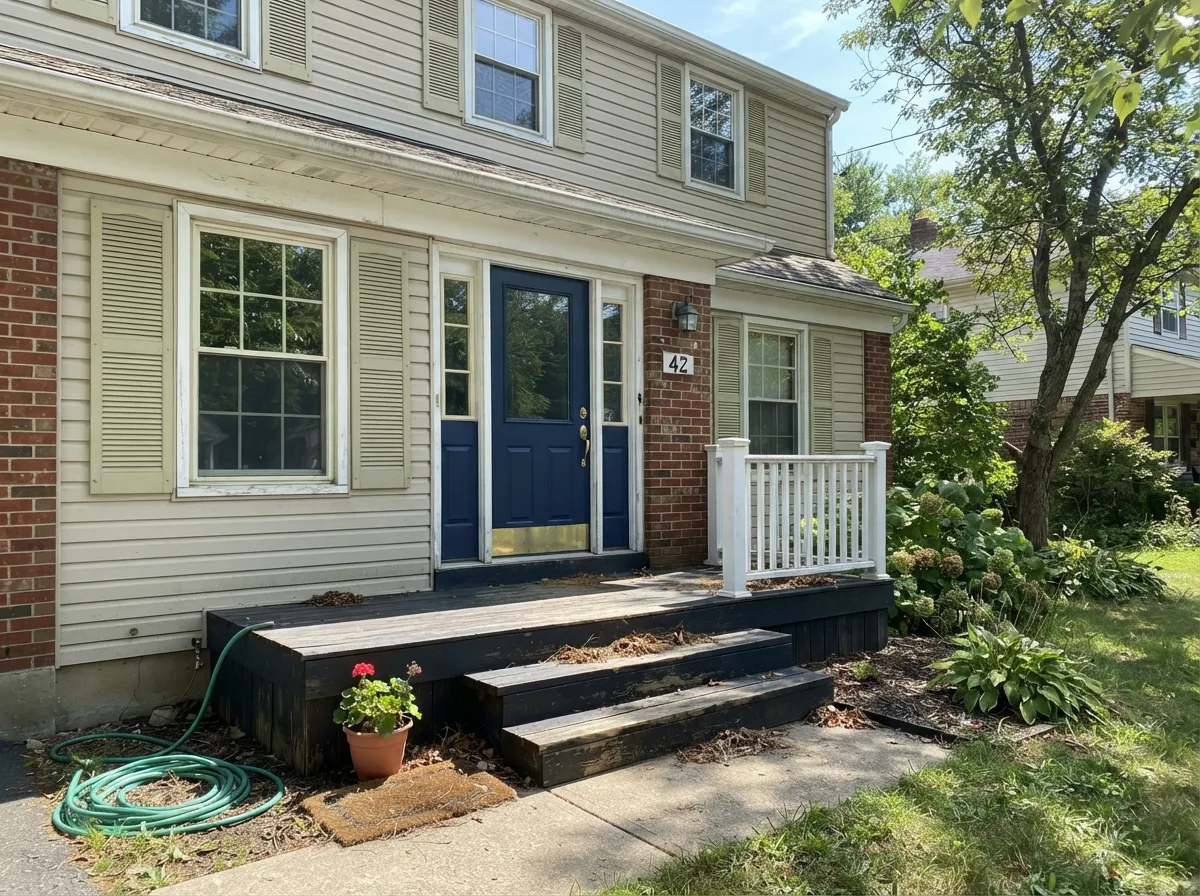 Outside, full sun reads it clean and warm rather than stark — a common trim and shutter pick next to a dark door.