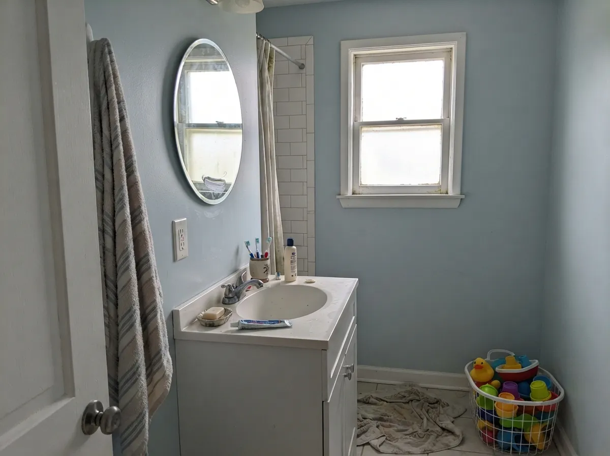 The coastal-bath job: white tile and a real window keep Offshore Mist airy instead of icy — spa fog, not a theme.