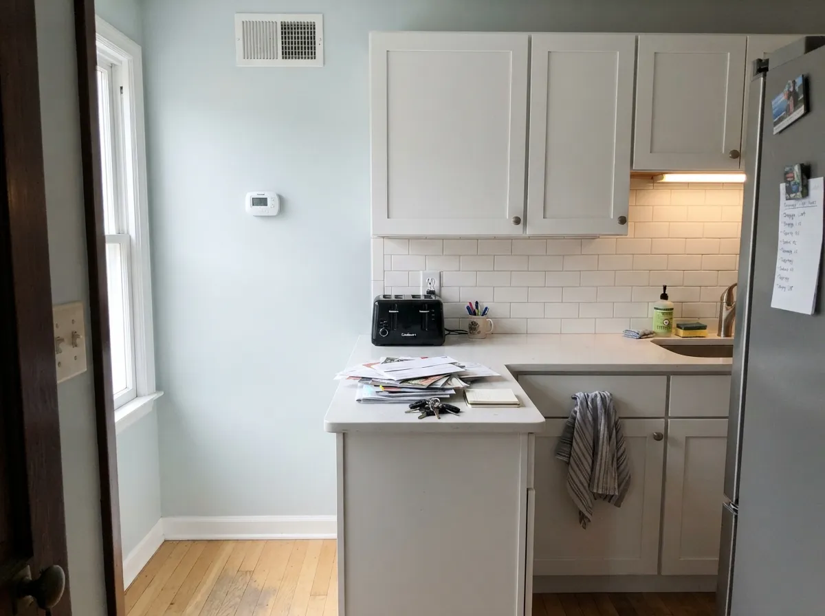 Behind white cabinets it stays a quiet coastal field — the Houzz-kitchen use, as long as the boxes stay white and the oak stays pale.