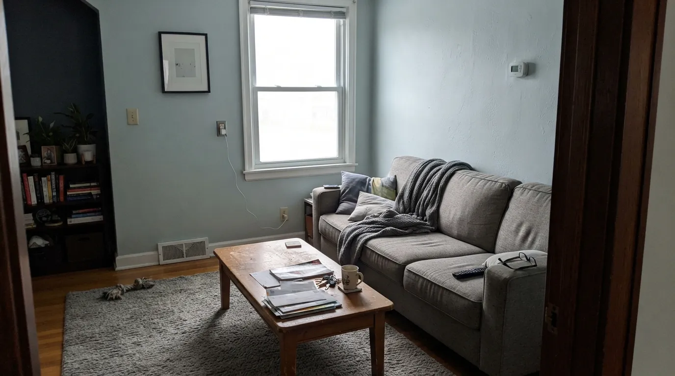The honest shot: next to gray furniture in cool light, Offshore Mist is not gray — it is a pale sky, the exact surprise the chip hid.
