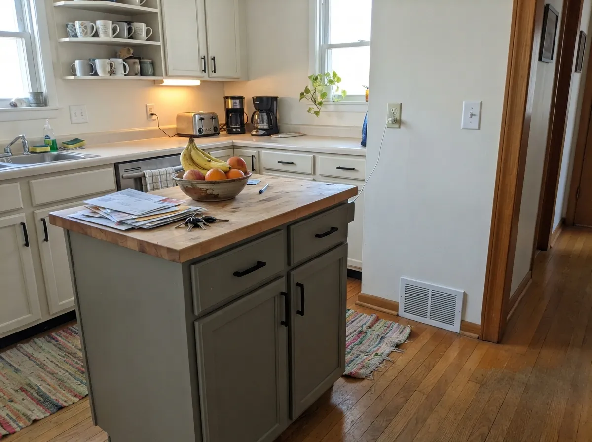On an island under lighter cabinets, the khaki-gray reads current and deliberate — its best indoor use.