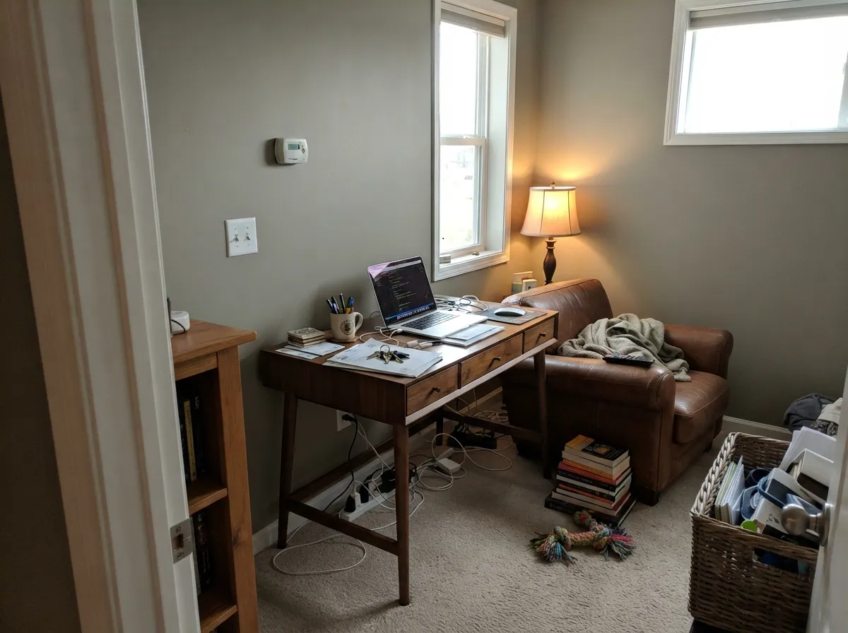 With walnut, leather and a warm lamp, the color settles into exactly the grounded mood it is built for.