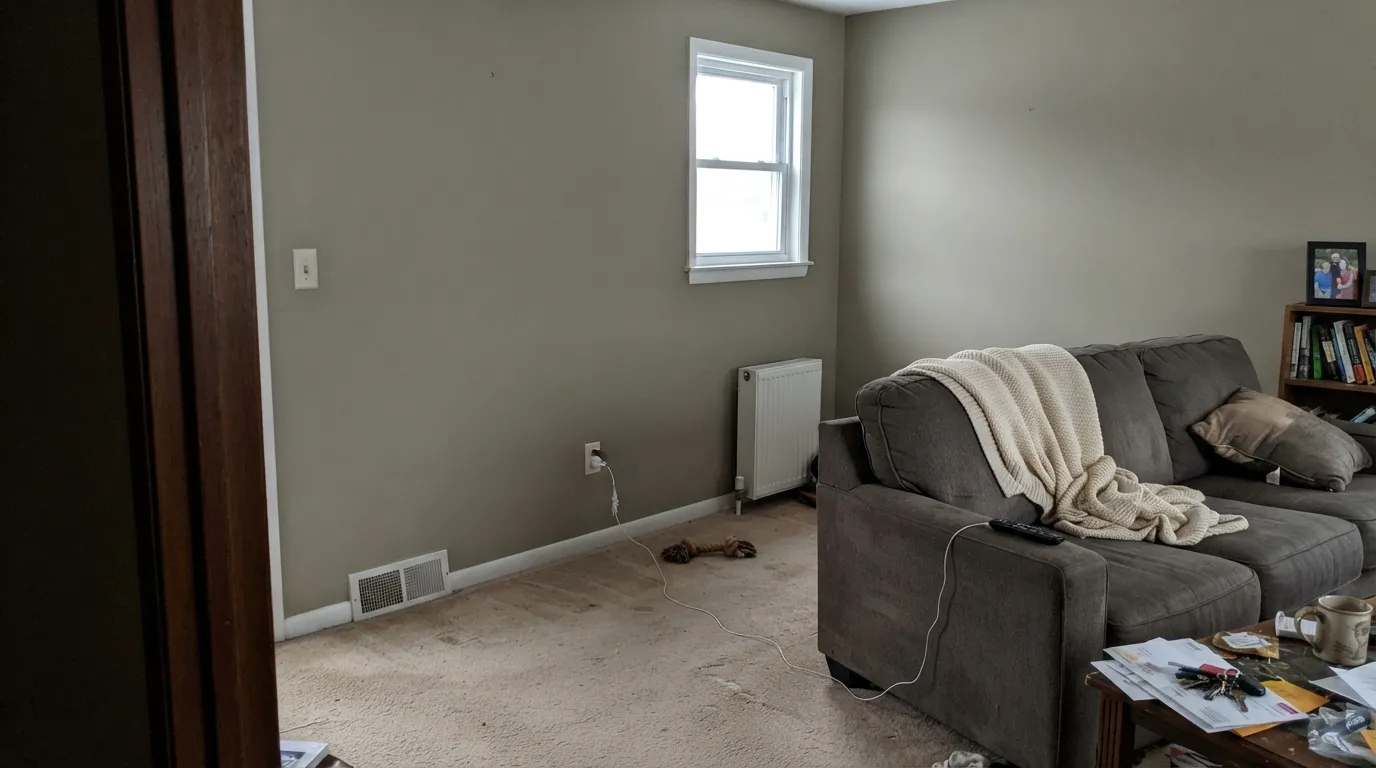 The honest shot: cool, dim north light drains the khaki-green out and leaves a flat, muddy gray — the exact situation this color needs real light to avoid.