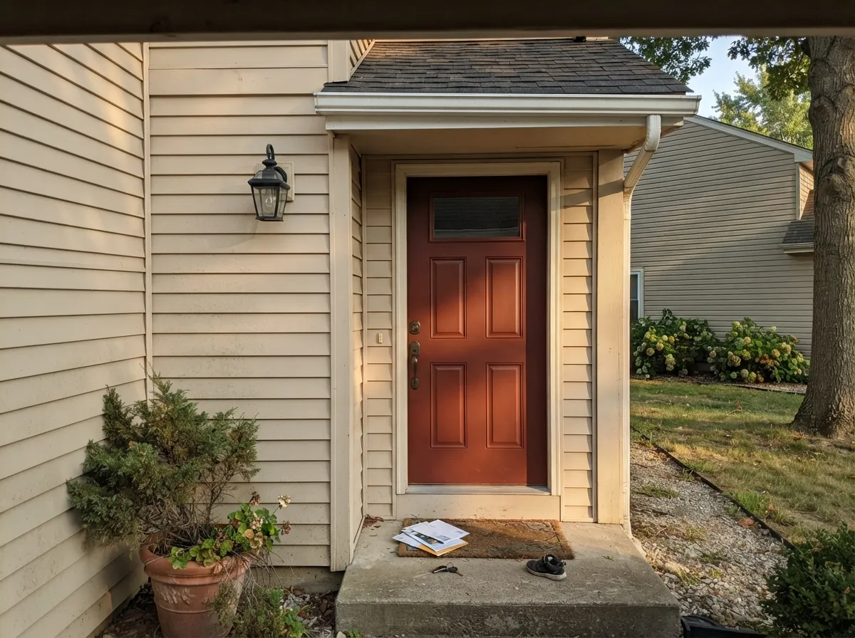 Its most common real job: one confident dark door against a lighter body, black hardware keeping it from reading too red.