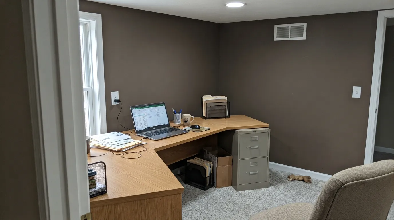 The honest shot: cool light, no warm materials nearby, and the promised wine-red never shows up — just a plain dark brown wall.