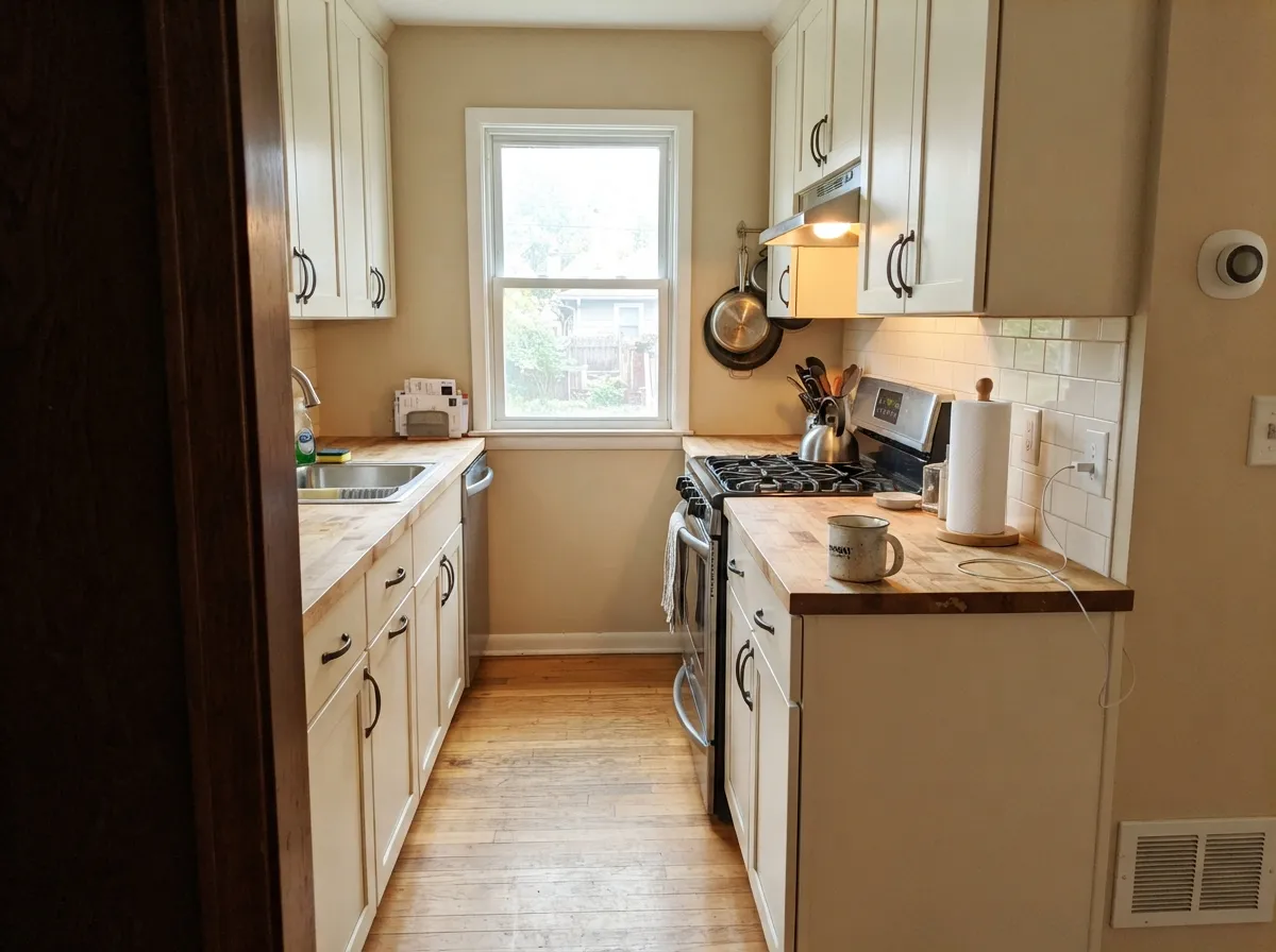 On cabinets against warm wood and bronze it earns its keep — but designers flag this exact color as one worth sampling big before committing.