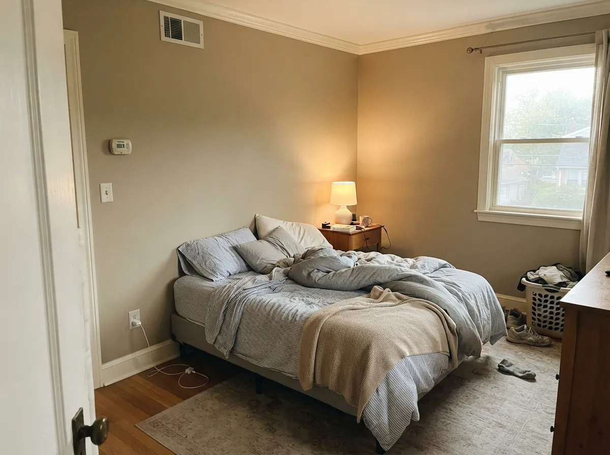Its classic job: framing a deeper wall color as trim, in the north-facing room where the yellow bias settles into a calm warm white.