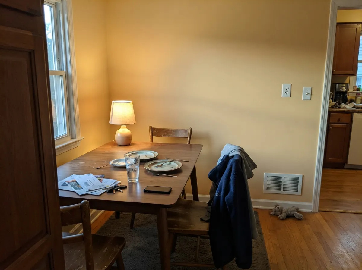 Under evening lamplight the honey deepens and turns genuinely cozy — its second-best room.
