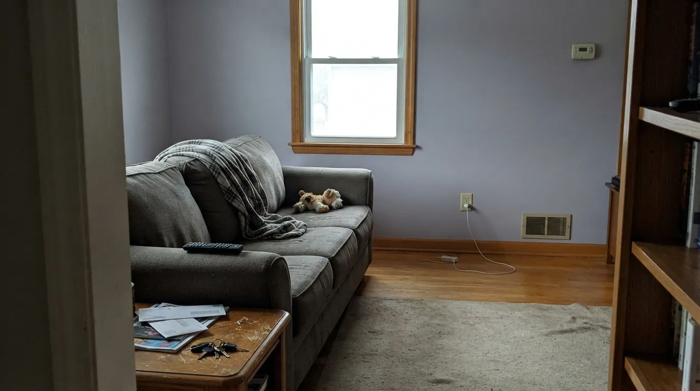 The honest shot: cool overcast light drains the pink out of it, and the happy periwinkle goes quietly cold and gray-blue — sample this room before you commit.