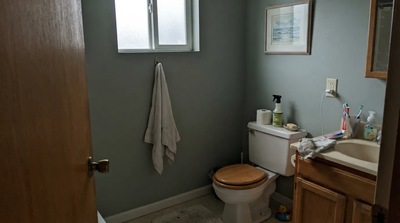The honest shot: without daylight or a warm bulb, the blue drains out and Peaceful Blue goes flat gray-green — the light situation to test before you commit.