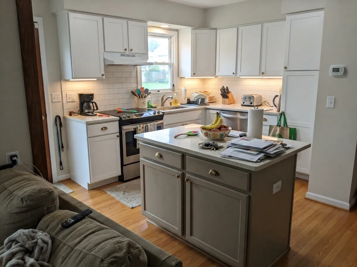 The island move — Perfect Taupe carries the color while white perimeter cabinets keep the room bright.