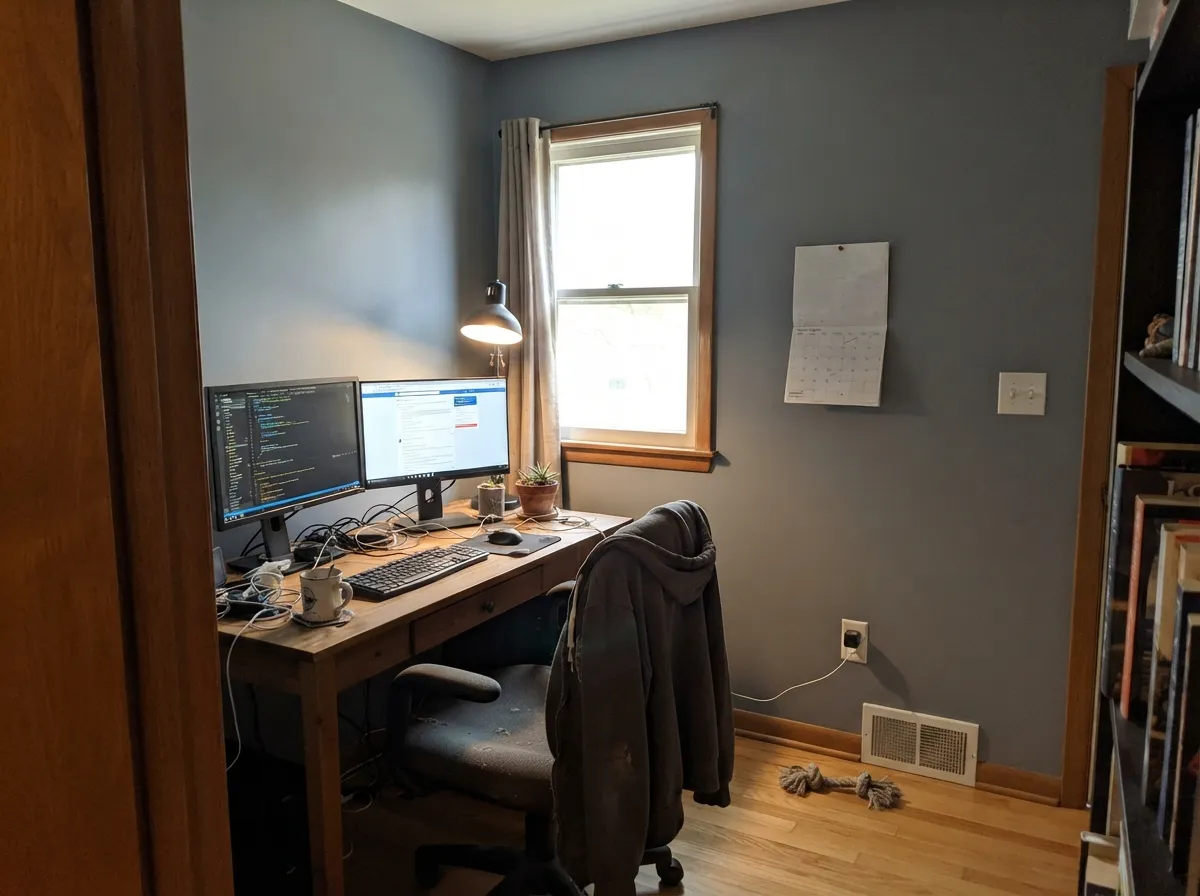 A daylight office is where the analog earns its keep — smoky, calm, modern, with Pure White trim and a 2700K lamp holding the ice off.