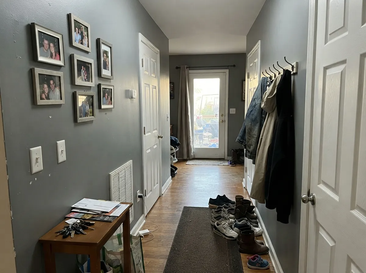 A hall that borrows daylight can carry Pewter Mug room to room — smoky gray, not dingy, as long as the light at the end is real.